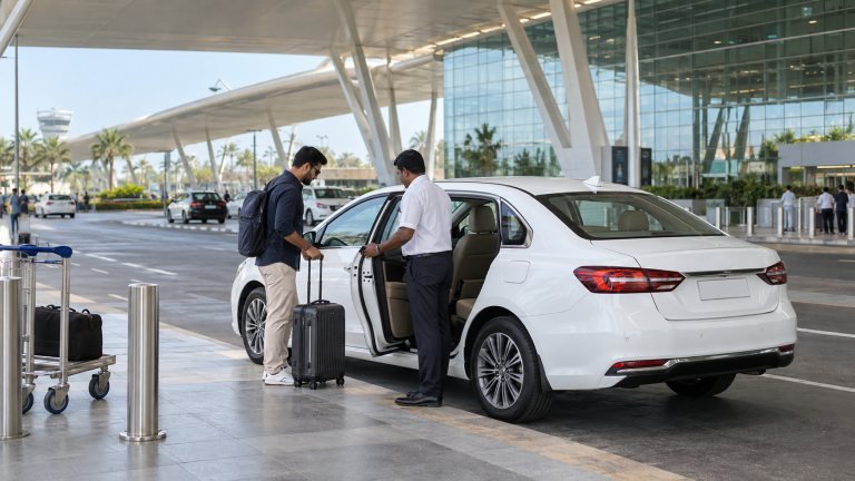 White taxi ready for a Bangalore Airport to Mysore transfer